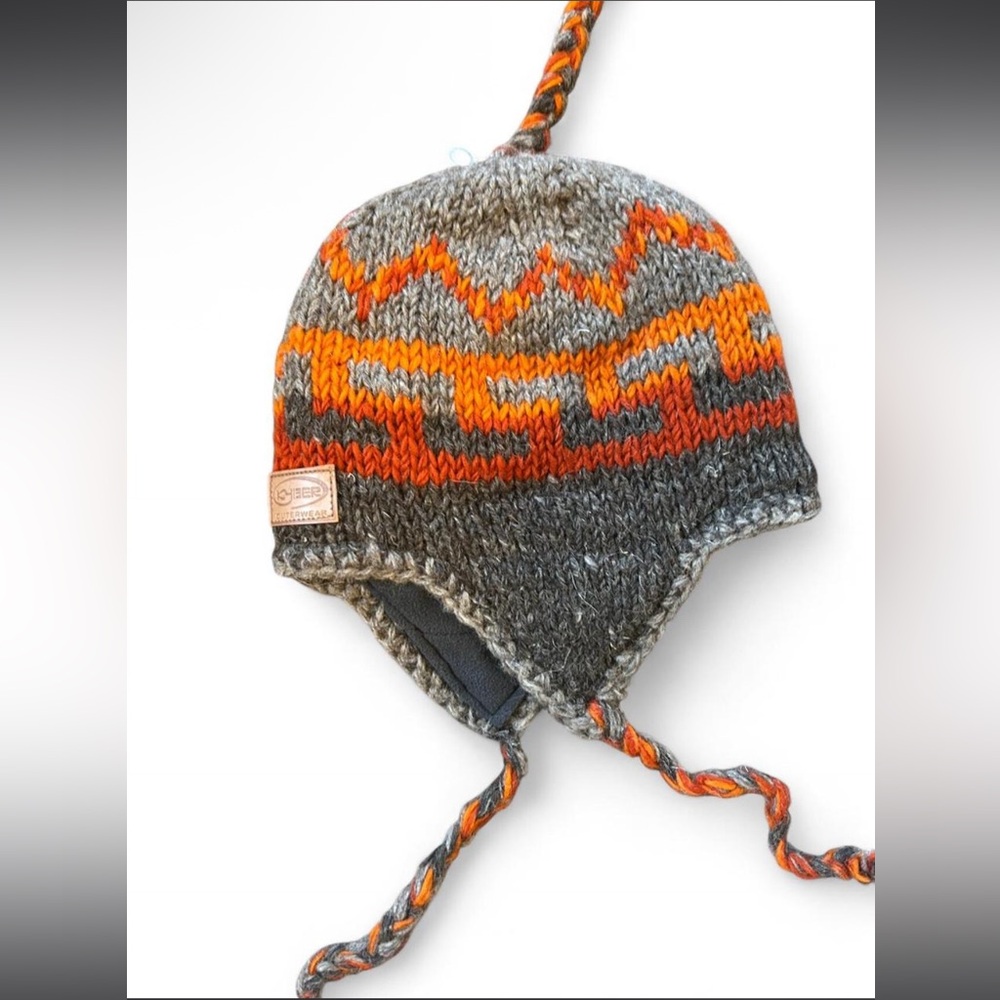 Gray and Orange Knit Hat with Ear Flaps From Nepal